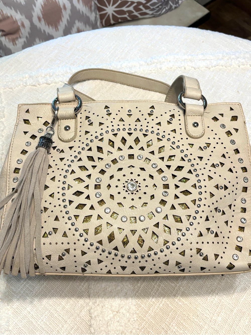 Montana West Neutral Cutout Tassel Satchel Bag - Women's Beige Tote